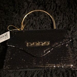 Bebe Black Sequin Clutch with Gold Accents